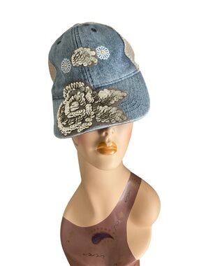Denim Trucker Hat with Champagne Sequin Floral Appliqués Upcycled